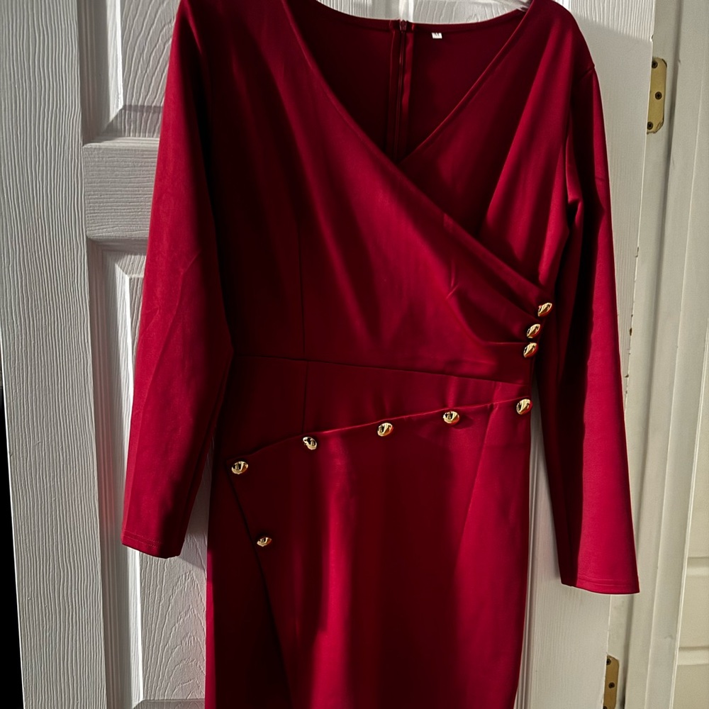 Elegant Red Dress with Gold Accents-Military Style